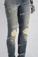 Blue Vintage Stretch Elastic Scratch Distressed Skinny Jeans Men