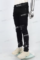 black paint spplatters distressed skinny men jeans with embroidery logo