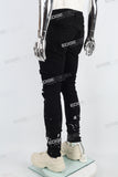 black paint spplatters distressed skinny men jeans with embroidery logo