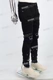 black paint spplatters distressed skinny men jeans with embroidery logo