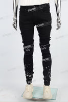 black paint spplatters distressed skinny men jeans with embroidery logo