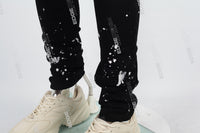 black paint spplatters distressed skinny men jeans with embroidery logo