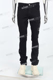 black skinny flare bottom men jeans with leather patch embroideried