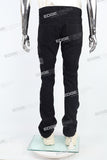 black skinny flare bottom men jeans with leather patch embroideried