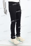 black skinny flare bottom men jeans with leather patch embroideried