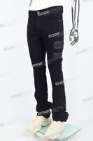 black skinny flare bottom men jeans with leather patch embroideried