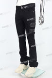 black skinny flare bottom men jeans with leather patch embroideried