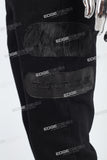 black skinny flare bottom men jeans with leather patch embroideried