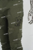 green distressed stacked men jeans with embroidery logo