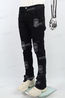 Black embroidery stacked jeans men