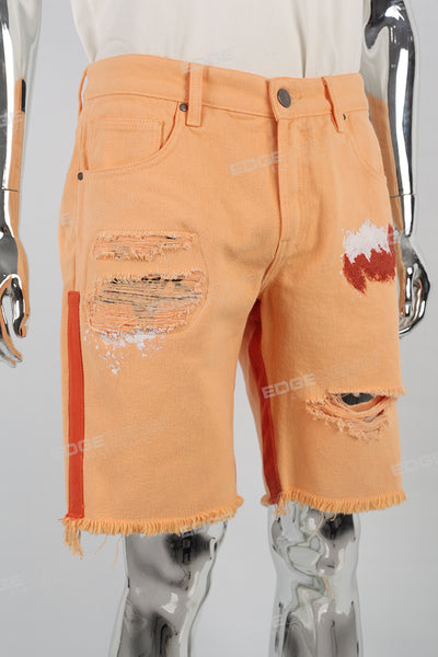 Light Orange Torn Embroidered Denim Shorts