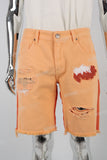 Light Orange Torn Embroidered Denim Shorts