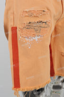 Light Orange Torn Embroidered Denim Shorts