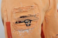 Light Orange Torn Embroidered Denim Shorts