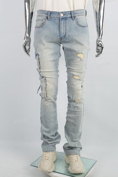 Distressed Torn Utility Pocket Embroidered Mans Stack Jeans