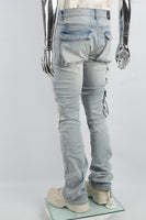 Distressed Torn Utility Pocket Embroidered Mans Stack Jeans
