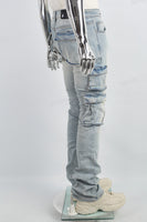 Distressed Torn Utility Pocket Embroidered Mans Stack Jeans