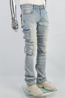 Distressed Torn Utility Pocket Embroidered Mans Stack Jeans