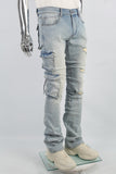 Distressed Torn Utility Pocket Embroidered Mans Stack Jeans