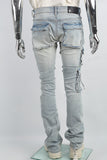 Distressed Torn Utility Pocket Embroidered Mans Stack Jeans