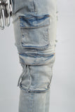 Distressed Torn Utility Pocket Embroidered Mans Stack Jeans