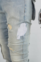 Distressed Torn Utility Pocket Embroidered Mans Stack Jeans