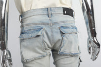 Distressed Torn Utility Pocket Embroidered Mans Stack Jeans