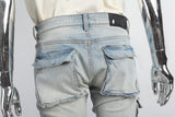 Distressed Torn Utility Pocket Embroidered Mans Stack Jeans