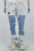 Dark Light Blue Towel Embroidered Badge Cargo Men's Jeans