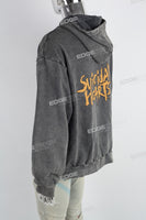 Grey Distressed Washed Skull Print Men's Hoodies