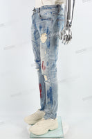 Blue Spray Ripped Embroidery Skinny Jeans