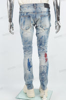 Blue Spray Ripped Embroidery Skinny Jeans