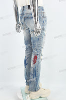 Blue Spray Ripped Embroidery Skinny Jeans