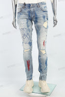 Blue Spray Ripped Embroidery Skinny Jeans