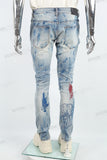 Blue Spray Ripped Embroidery Skinny Jeans