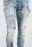 Blue Spray Ripped Embroidery Skinny Jeans