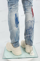 Blue Spray Ripped Embroidery Skinny Jeans