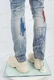 Blue Spray Ripped Embroidery Skinny Jeans