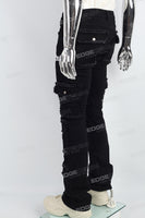 Black Embroidered Multi-Pocket Ripped Mans Stack Jeans