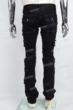 Black Embroidered Multi-Pocket Ripped Mans Stack Jeans