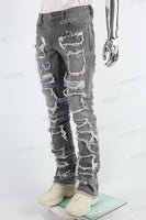 Grey Embroidered Torn Patch Mans Stack Jeans