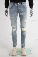 Blue Elastic Spandex Strechy Skinny Distressed Silm Plain Jeans Men