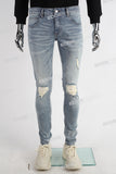 Blue Elastic Spandex Strechy Skinny Distressed Silm Plain Jeans Men