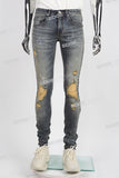 Blue Vintage Distressed Ripped Paint Splatters Skinny Jeans Men