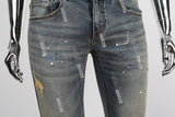 Blue Vintage Distressed Paint Splatters Jeans Men
