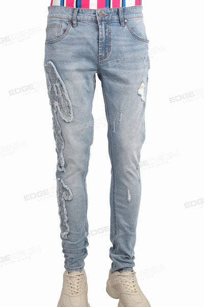 High Quality Custom Logo Men Embroidery Distressed Skinny Jeans