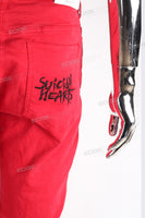 Stacked Ripped Jeans with Embroidery Patch- Red