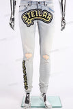 Stylish Streetwear Light Blue jeans Ripped Screen Printing