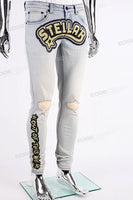 Stylish Streetwear Light Blue jeans Ripped Screen Printing