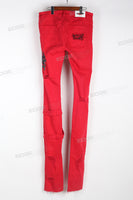 Stacked Ripped Jeans with Embroidery Patch- Red